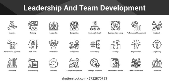Liderazgo y desarrollo del Equipo Conjunto cohesivo de iconos vectoriales minimalistas que representan ideas clave con claridad visual