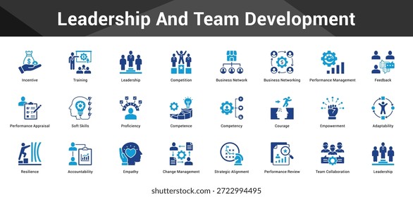 Liderazgo y desarrollo del Equipo Conjunto cohesivo de iconos vectoriales minimalistas que representan ideas clave con claridad visual
