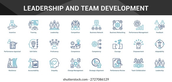 Liderazgo y desarrollo del Equipo Conjunto cohesivo de iconos vectoriales minimalistas que representan ideas clave con claridad visual