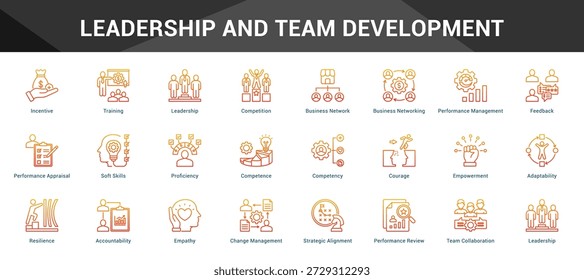 Liderança e Desenvolvimento em Equipe Conjunto coeso de ícones vetoriais minimalistas que representam ideias-chave com clareza visual