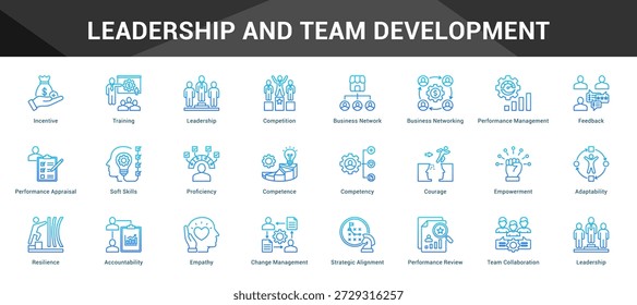 Liderança e Desenvolvimento em Equipe Conjunto coeso de ícones vetoriais minimalistas que representam ideias-chave com clareza visual