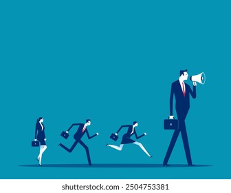 Leadership for team direction, success strategy, lead team to achieve goal, inspiration or motivate employee, manager or company mission , businessman leader megaphone pointing team direction.

