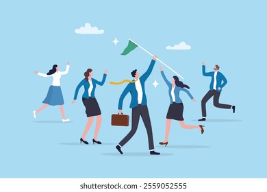 Leadership team leader to lead team to success, company ceo win business competition together, management or professional to reach goal or achievement, businessman leader hold winning flag with team.