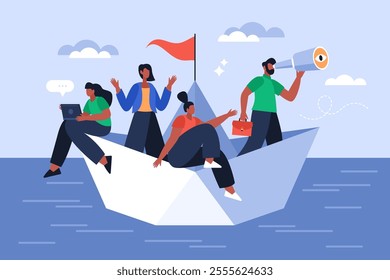 Leadership and  teamwork business concept. Modern vector illustration of people team sailing in paper boat and searching for solutions