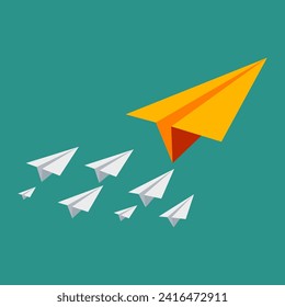 Leadership and teamwork concept background. Paper plane cartoon vector illustration