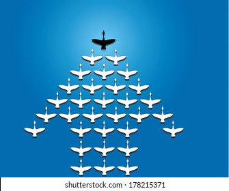 Leadership and Teamwork Concept design vector Illustration unusual art : A number of Swans flying against a Bright blue water background lead by a big dark leader swan Silhouette