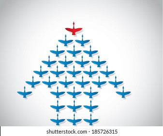 Leadership and Teamwork Concept design vector Illustration unusual art : A number of Swans flying against a Bright white background lead by a big dark red leader swan Silhouette