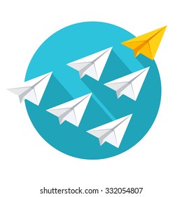 Leadership and teamwork concept. Group of paper planes flying behind the yellow leader. Flat style vector illustration isolated on white background.