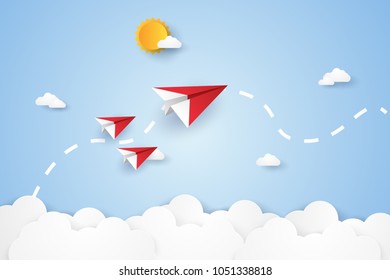 Leadership and teamwork concept , Origami planes flying in the sky , paper art style