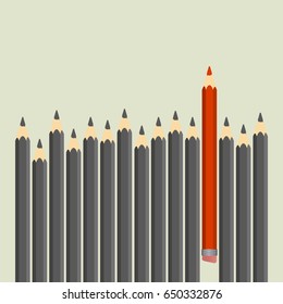 Leadership and teamwork concept. Row of black pencils with red one. Vector illustration