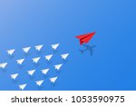 Leadership, teamwork and courage concept, Red paper plane with aircraft shadow for leader and white paper planes flying on sky. vector illustration