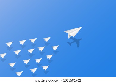 Leadership, teamwork and courage concept, White paper planes with aircraft shadow for leader flying on sky. vector illustration