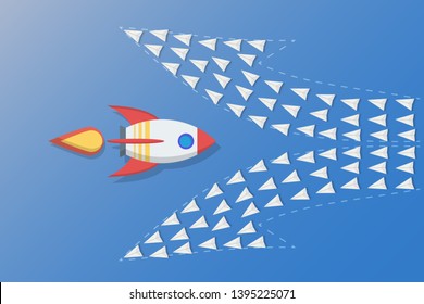 Leadership, teamwork and different thinking concept, Rocket flying different direction with paper planes