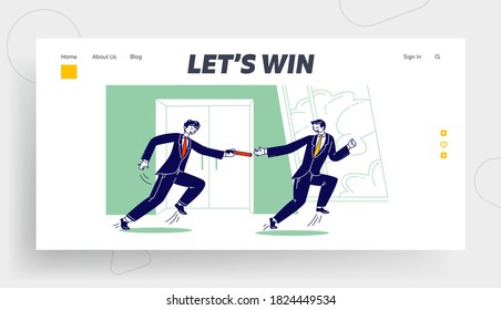 Leadership, Teamwork Goal Achievement, Corporate Team Competition Landing Page Template. Business Men Characters Running Relay Race with Baton in Office Hallway. Linear People Vector Illustration