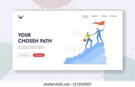 Leadership Teamwork Landing Page Template. Business Leader Character Help Colleague Climb to Top of Mountain with Red Flag, Businessman Help Teammate to Go Up on Peak. Cartoon Vector Illustration