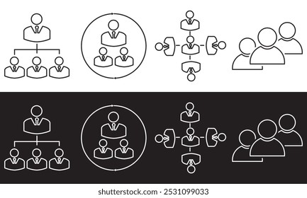 Conjunto de iconos de línea delgada de liderazgo. Contiene trabajo en equipo de negocios, hombre fuerte, logro, jerarquía, éxito, capacitación, asociación, campaña, asesor. aislado sobre fondo blanco y negro. EPS 10