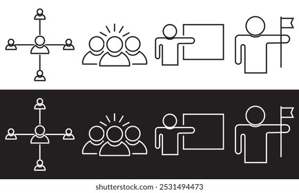 Conjunto de iconos de línea delgada de liderazgo. Contiene trabajo en equipo de negocios, hombre fuerte, logro, jerarquía, éxito, capacitación, asociación, campaña, asesor. aislado sobre fondo blanco y negro. EPS 10