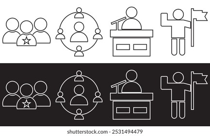 Conjunto de iconos de línea delgada de liderazgo. Contiene trabajo en equipo de negocios, hombre fuerte, logro, jerarquía, éxito, capacitación, asociación, campaña, asesor. aislado sobre fondo blanco y negro. EPS 10