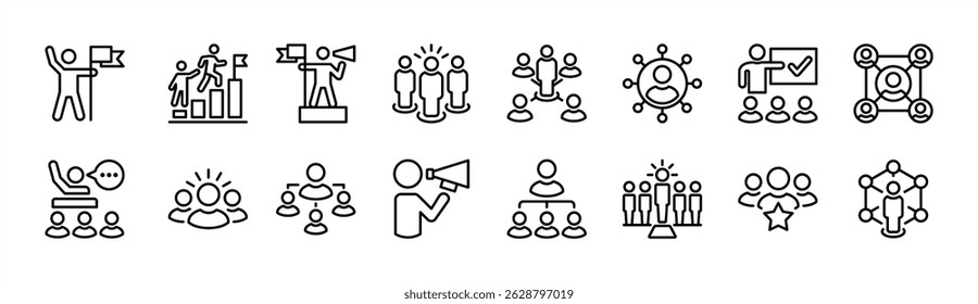 Conjunto de ícones de linha fina de liderança. Contendo líder, guia, orientação, mentoreamento, treinamento, organização, hierarquia, gerente, campanha, colaboração, confiança, motivação. Ilustração vetorial