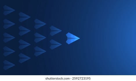 Leadership and think differently concepts with paper airplanes. Paper planes flying in the futuristic dark blue sky. Leadership director for new ideas. Business concept. Vector illustration.