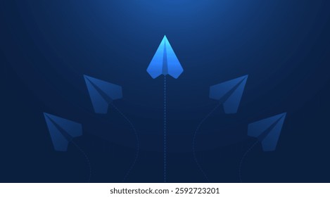 Leadership and think differently concepts with paper airplanes. Paper planes flying in the futuristic dark blue sky. Leadership director for new ideas. Business concept. Vector illustration.