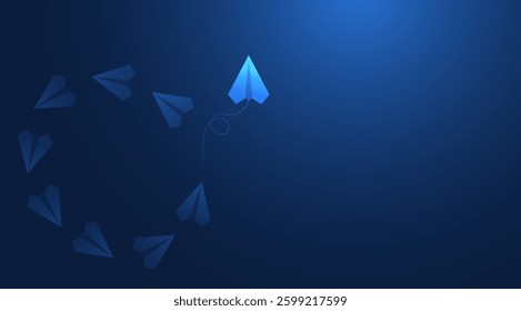 Leadership and think differently concepts with paper airplanes. Paper planes flying in the futuristic dark blue sky. Leadership director for new ideas. Business concept. Vector illustration.