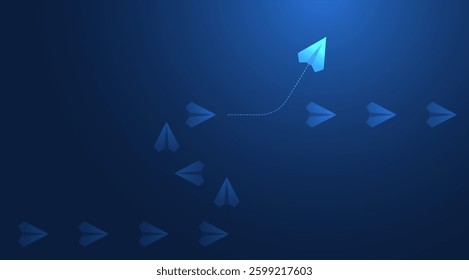 Leadership and think differently concepts with paper airplanes. Paper planes flying in the futuristic dark blue sky. Leadership director for new ideas. Business concept. Vector illustration.