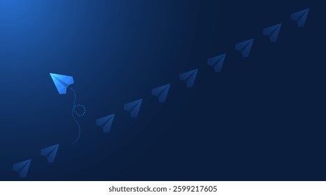 Leadership and think differently concepts with paper airplanes. Paper planes flying in the futuristic dark blue sky. Leadership director for new ideas. Business concept. Vector illustration.