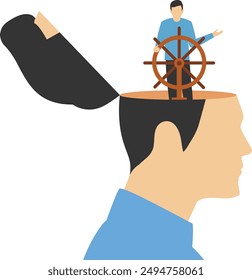 Leadership thinking for business decision or guidance to the right direction, motivation, mindset or consciousness, businessman leader control steering wheel helm on head

