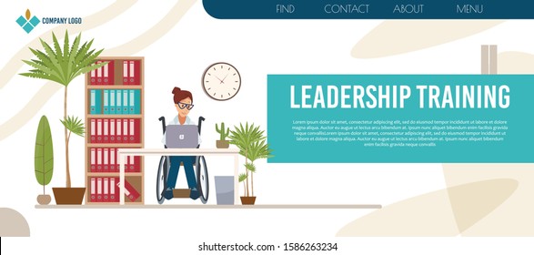 Leadership Training, Business Courses For People With Disability Trendy Flat Vector Web Banner, Landing Page Template. Disabled Woman In Wheelchair, Female Entrepreneur Working In Office Illustration