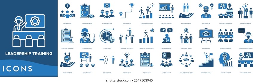 Leadership Training Icon set. Leader Guide, Vision Strategy, Team Motivation, Success Path, Leadership Growth, Training Session, Mentor Support and Coach Skills