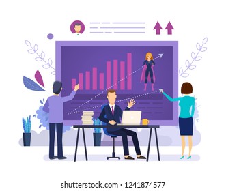 Leadership training plan. Educational program, technology of analysis of skills and achievements, promoting career growth and improving leadership skills, business trainings. Vector illustration.