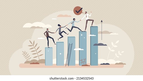Leadership training and team development with motivation tiny person concept. Sales teamwork success and professional leader inspiration result vector illustration. Mentor help to reach target or goal