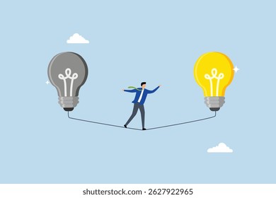 leadership transition, businessman walk from old to bright lightbulb idea.