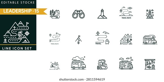 Leadership and travel line set featuring mountain routes, binoculars, lighthouses, travel paths, camper vans, and hiking expeditions on white background