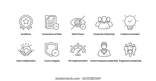 Leadership, Trust, and Innovation. Icons Representing Visionary Strategy, Ethical Governance, and Forward-Thinking Culture