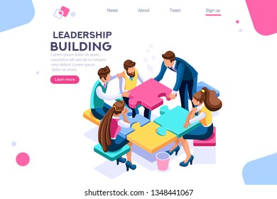 Leadership unity. Leader and business puzzle construction. Process support concept, can use for web banner, infographics, hero images. Flat isometric vector illustration isolated on white background