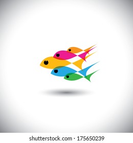 leadership vector concept - colorful team of fishes united. This graphic also represents positive thinking, team spirit, team work, manager & employees, boss & workers, teacher & students, etc