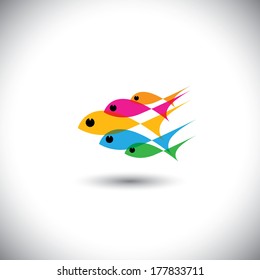 leadership vector concept - colorful team of fishes united. This graphic also represents positive thinking, team spirit, team work, manager & employees, boss & workers, teacher & students, etc