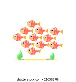 leadership vector concept - colorful team of fishes united. This graphic also represents positive thinking,  team spirit, team work, manager and employees, boss and workers, teacher and students, etc 