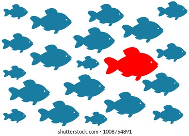 Leadership Vector Concept - Leader Fish And Team Swimming Together. This Graphic Also Represents Positive Thinking, Team Spirit, Team Work, Manager And Employees, Boss & Workers, Team In Sync