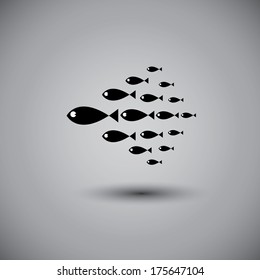 Leadership Vector Concept - Leader Fish & Team Swimming Together. This Graphic Also Represents Positive Thinking, Team Spirit, Team Work, Manager & Employees, Boss & Workers, Team In Sync, Etc