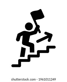 Leadership vector icon. Person climbing stairs with a flag as a leader.