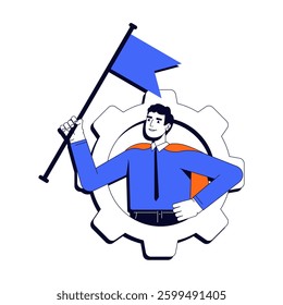 Leadership vector illustration concept. Process organization, control. Businessman in superhero cape holding flag inside gear stylized cartoon character isolated on white. Flat 2D line art