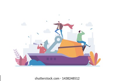 Leadership Vector Illustration Concept Showing a boat captain lead the team to sail, Suitable for landing page, ui, web, App intro card, editorial, flyer, and banner.