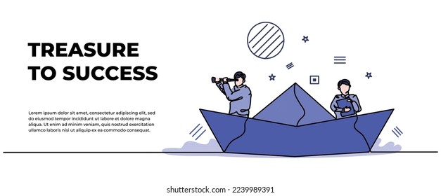 Leadership vector illustration. Team working. Team members sail, analyze around and take notes. Modern flat in continuous line style.
