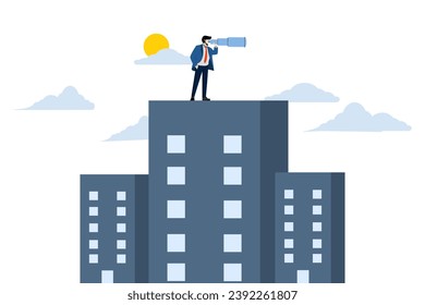 Leadership vision concept, company growth. The future direction of the organization. A businessman stands with binoculars on top of a tall building. flat vector illustration on white background.