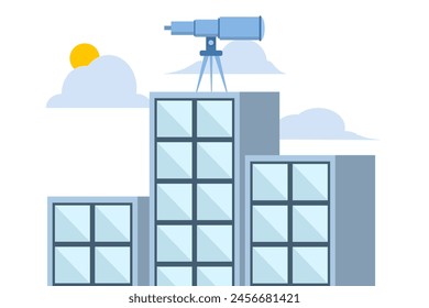 Leadership vision concept, company growth. The future direction of the organization. large binoculars on top of a tall building looking towards the front. flat vector illustration on white background.