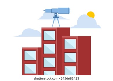 Leadership vision concept, company growth. The future direction of the organization. large binoculars on top of a tall building looking towards the front. flat vector illustration on white background.