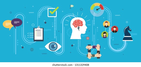 Leadership, vision and strategy, confidence in business and in sucess. Teamwork and partnership, business and expertise.Internet banner concept in flat design vector illustration in blue background.